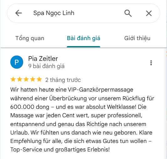 Google Maps 5 star spa review